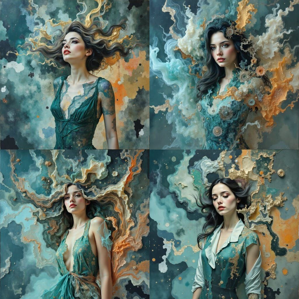 Ethereal Woman Portrait with Fractal Hair in Fluid Art Style