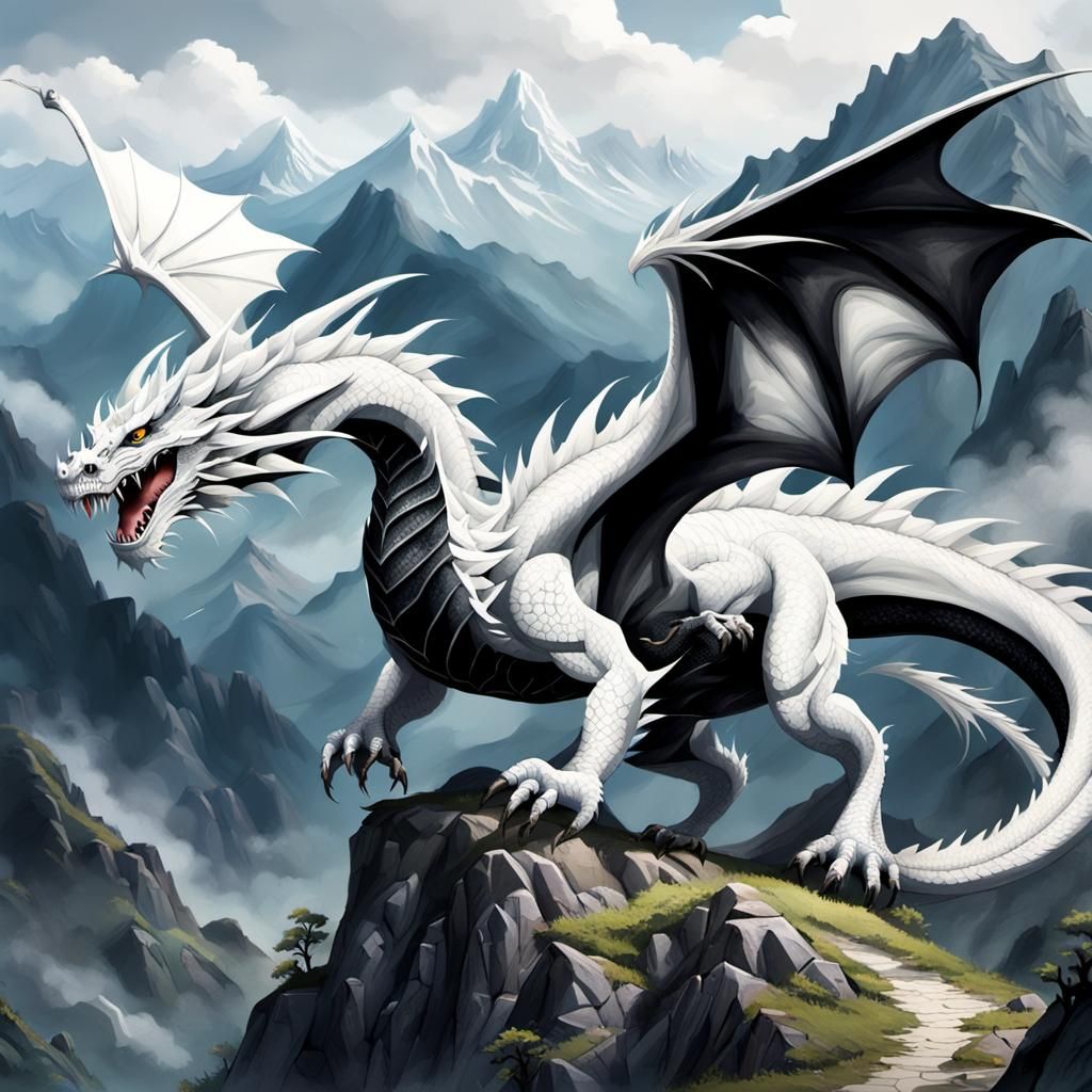 A white dragon with black tattoos. The dragon is flying over...