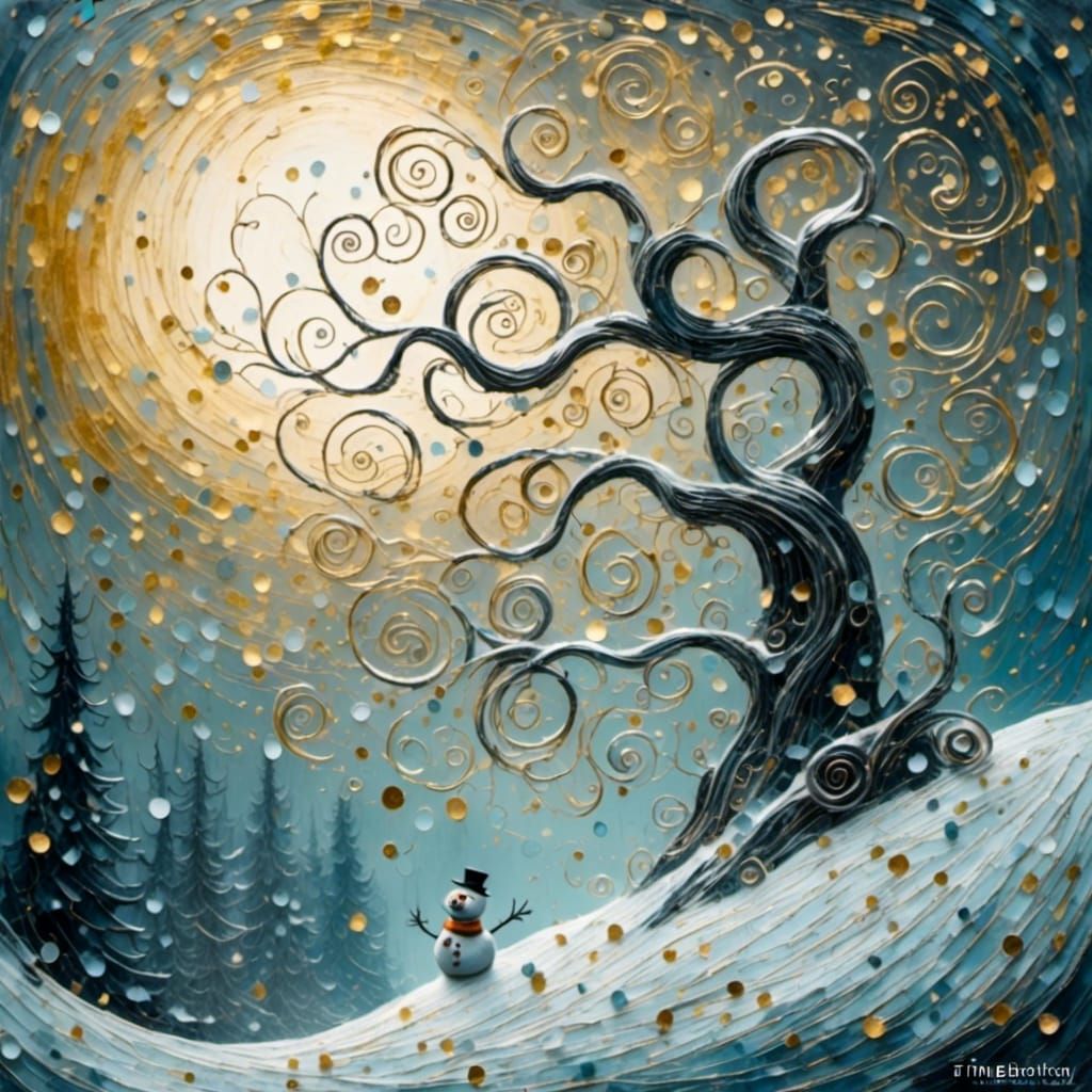 <lora:SwirlyV3:1.0> A twisted gnarly snowman, swirly snowfall, illustration style, textured paint, dramatic background, moonlight, mist, at...