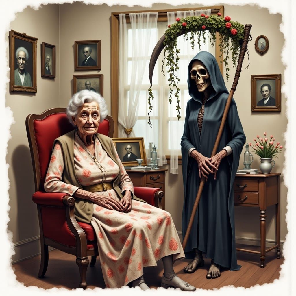 old lady with the grim reaper <lora:Eerie Vibes V1:1.0> 