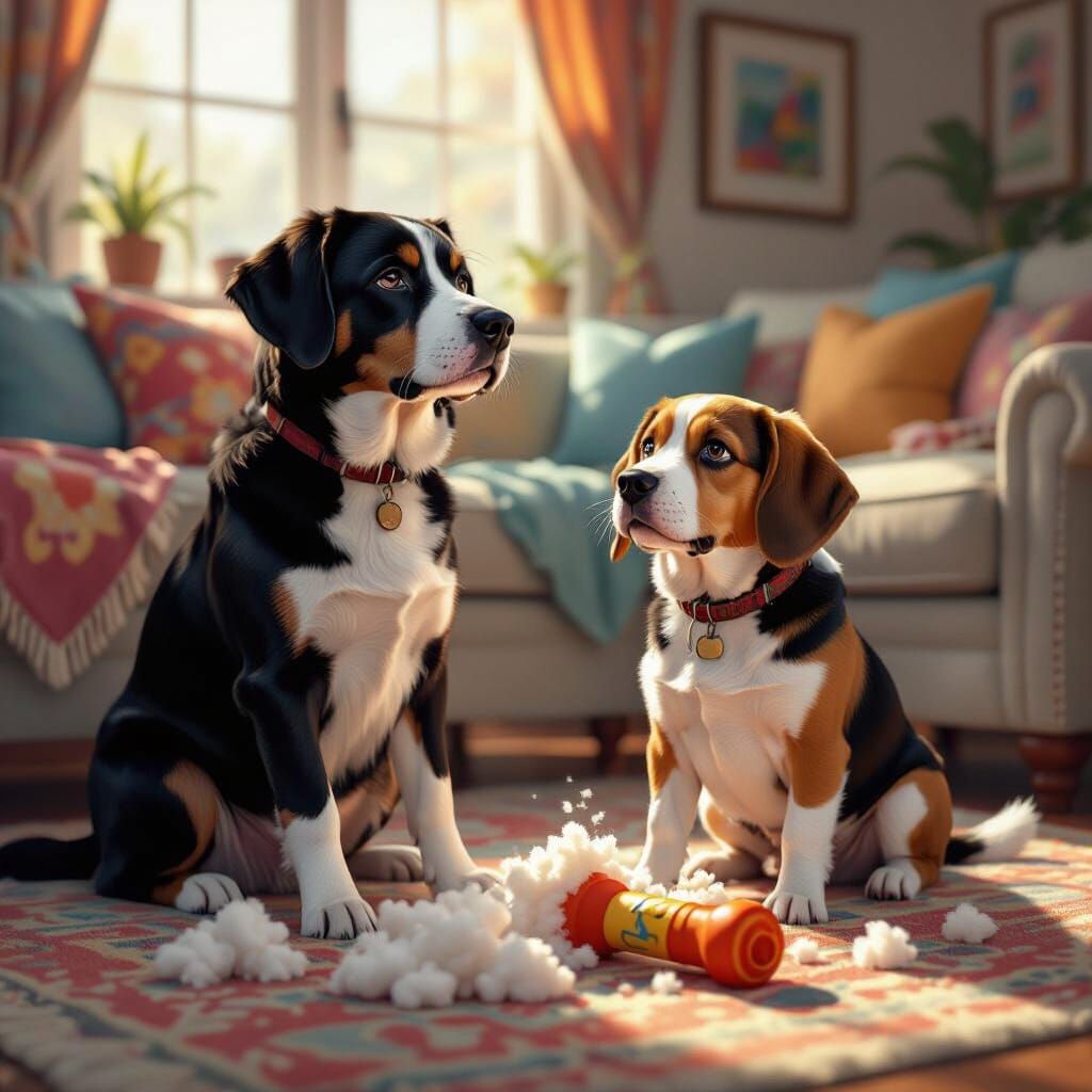 A black lab sitting next to a mischievous beagle set against a colourful living room. The beagle has been caught after chewing on a dog toy....