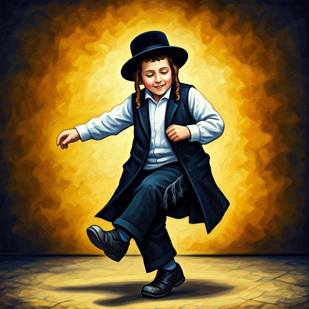 Jewish Boy Dances with Joy in Vibrant Hasidic Attire