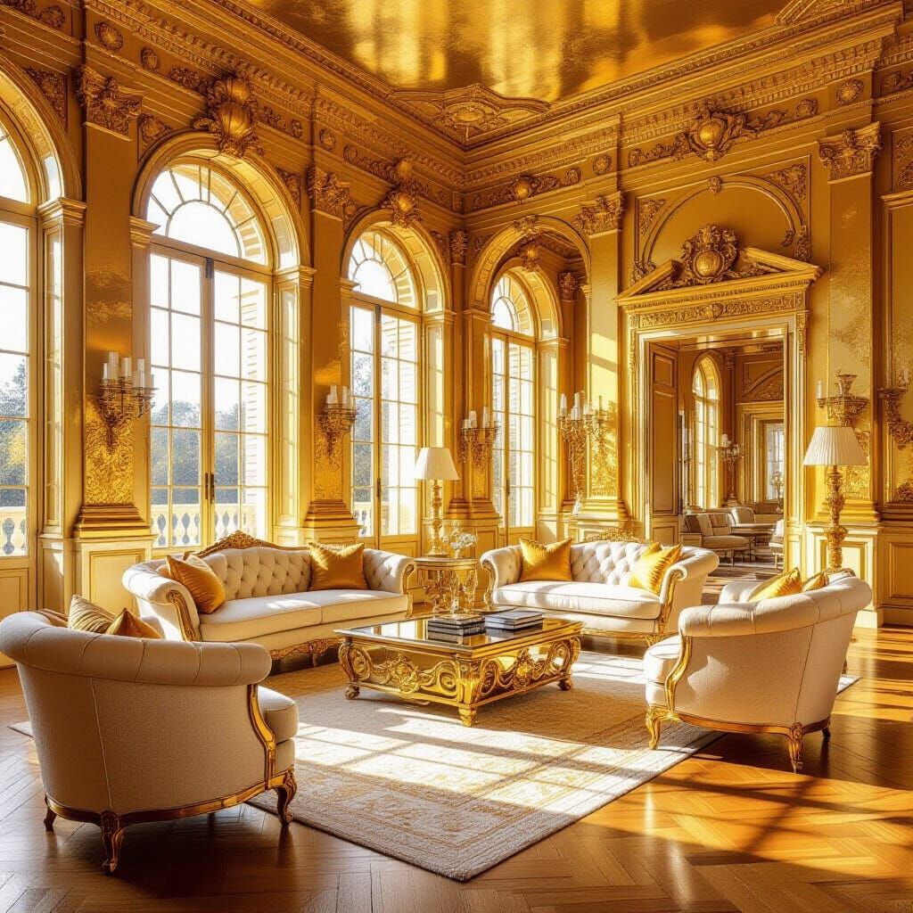 Luxurious Golden Living Room Bathed in Sunlight