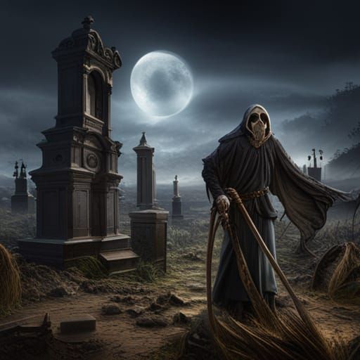 scary skull reaper in cemetery