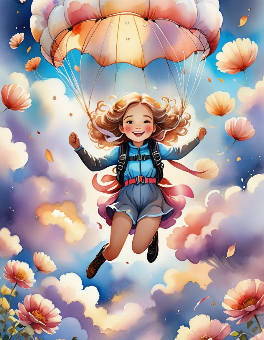 girl skydiving with a parachute made from a  flower 