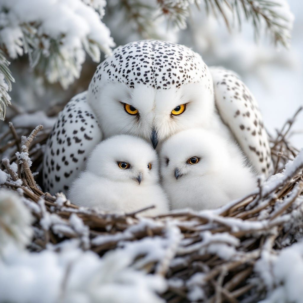 Arctic Snowy Owl Protects Her Fledglings in Winter Wonderlan...