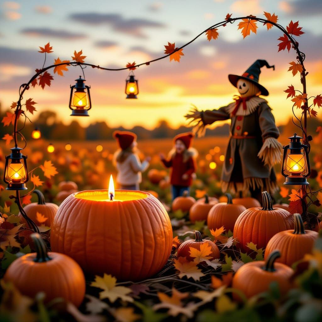 Magical Autumn Harvest Scene with Glowing Candle and Pumpkin...