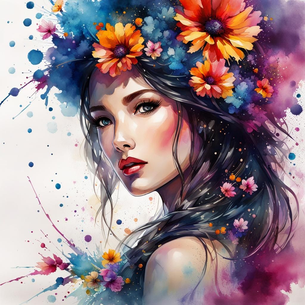 (Pretty Flower Girl, detailed ink splatter onto a matte canvas ...