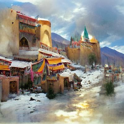 medieval Ladakh concept art Thomas Kinkade
