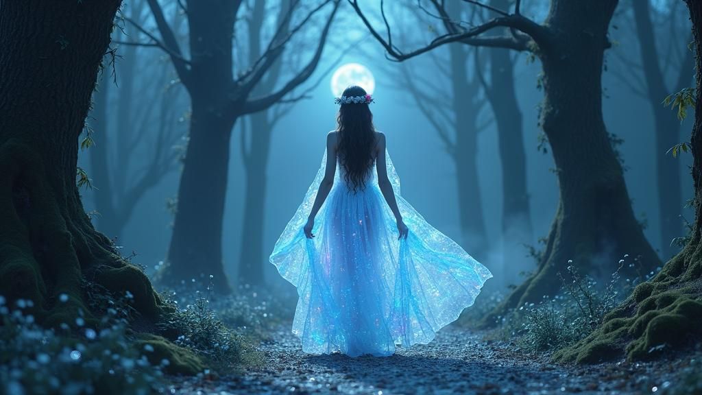 a woman, transparent in blue crystal walking in a magical forest