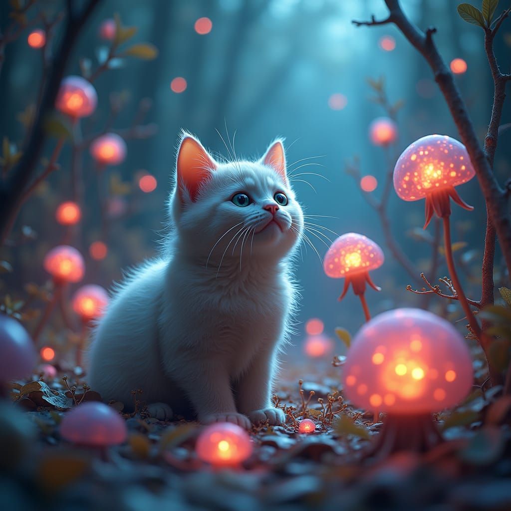 Dreamlike Cat Surrounded by Iridescent Microorganisms