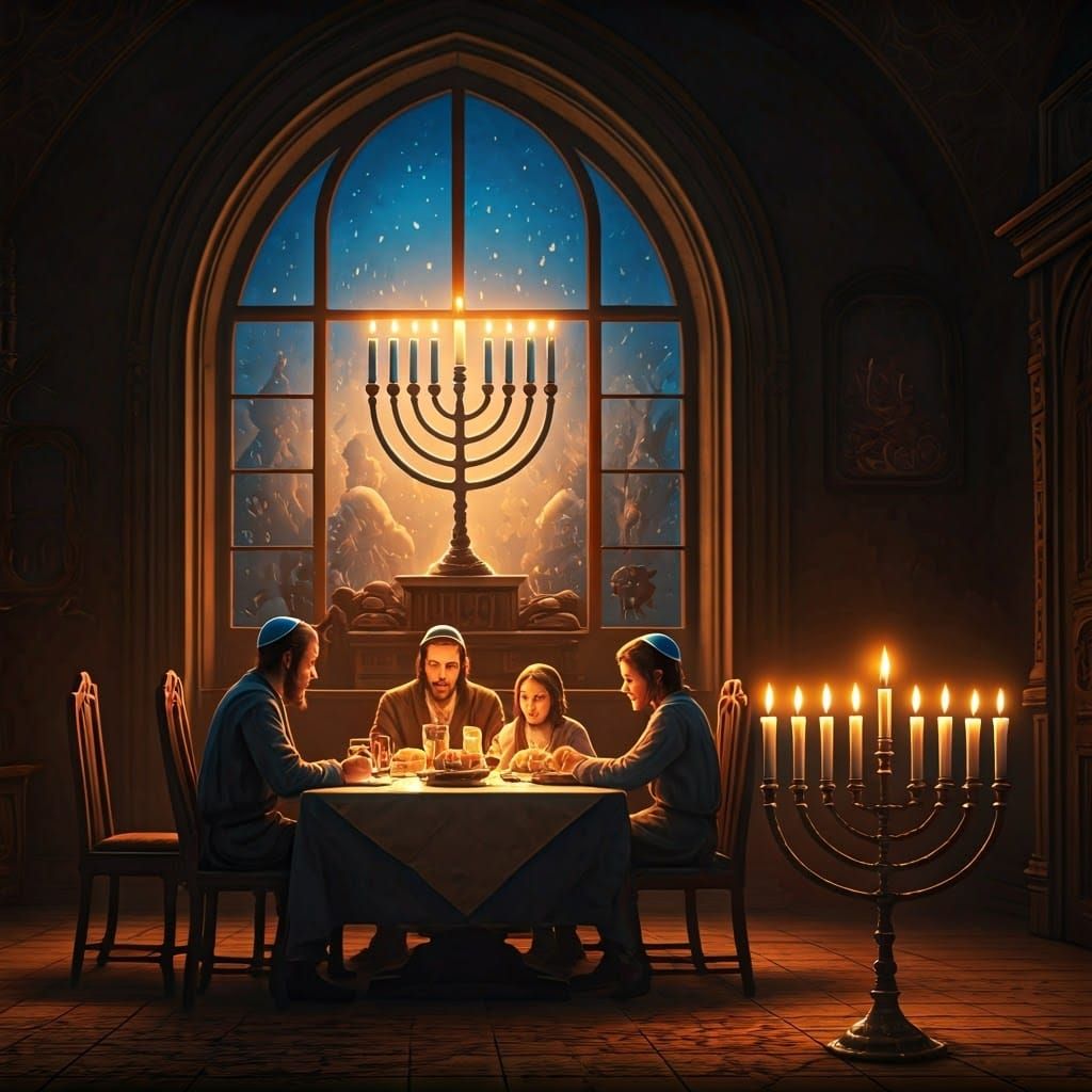 Traditional Jewish Family Gathered Around a Warm Hanukkah Di...