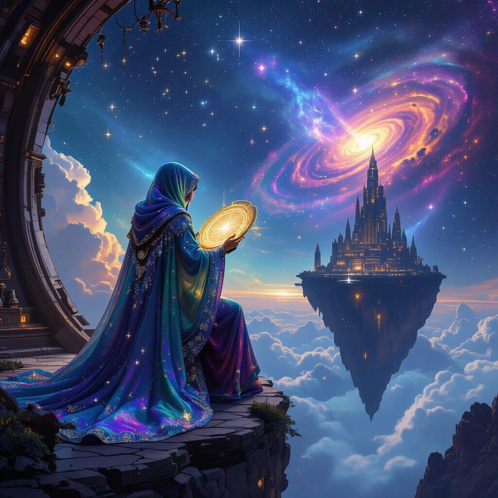 A celestial navigator charting unknown galaxies from an ancient observatory perched on a floating island. Stars and nebulae swirl in vibrant...