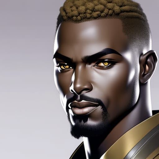 Beautiful  Black man, with  long curly blonde stylishly cut hair,striking clear golden  eyes,dark skin, clean shaven, 8k...