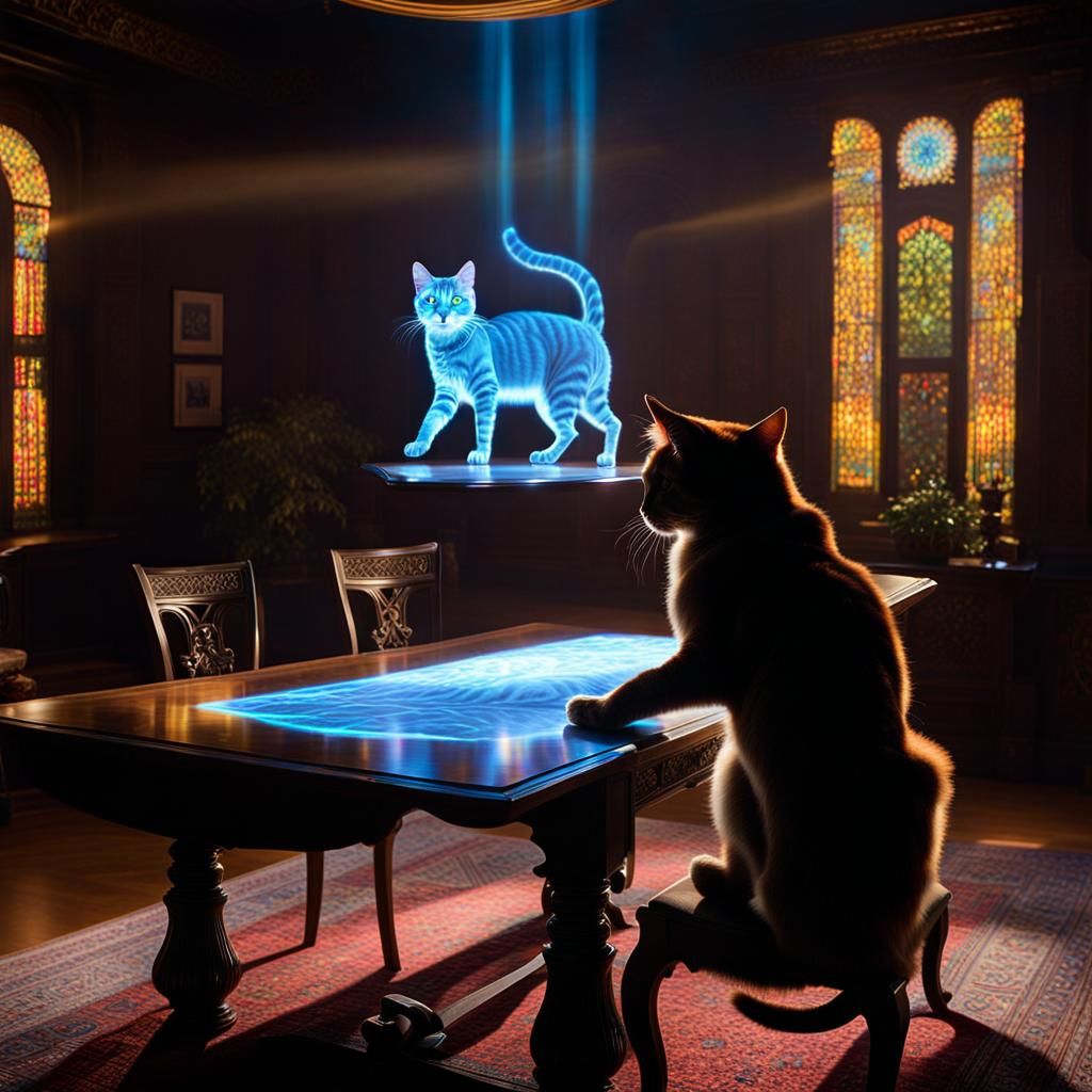 A cat watching a hologram of a cat  by @forge4ward