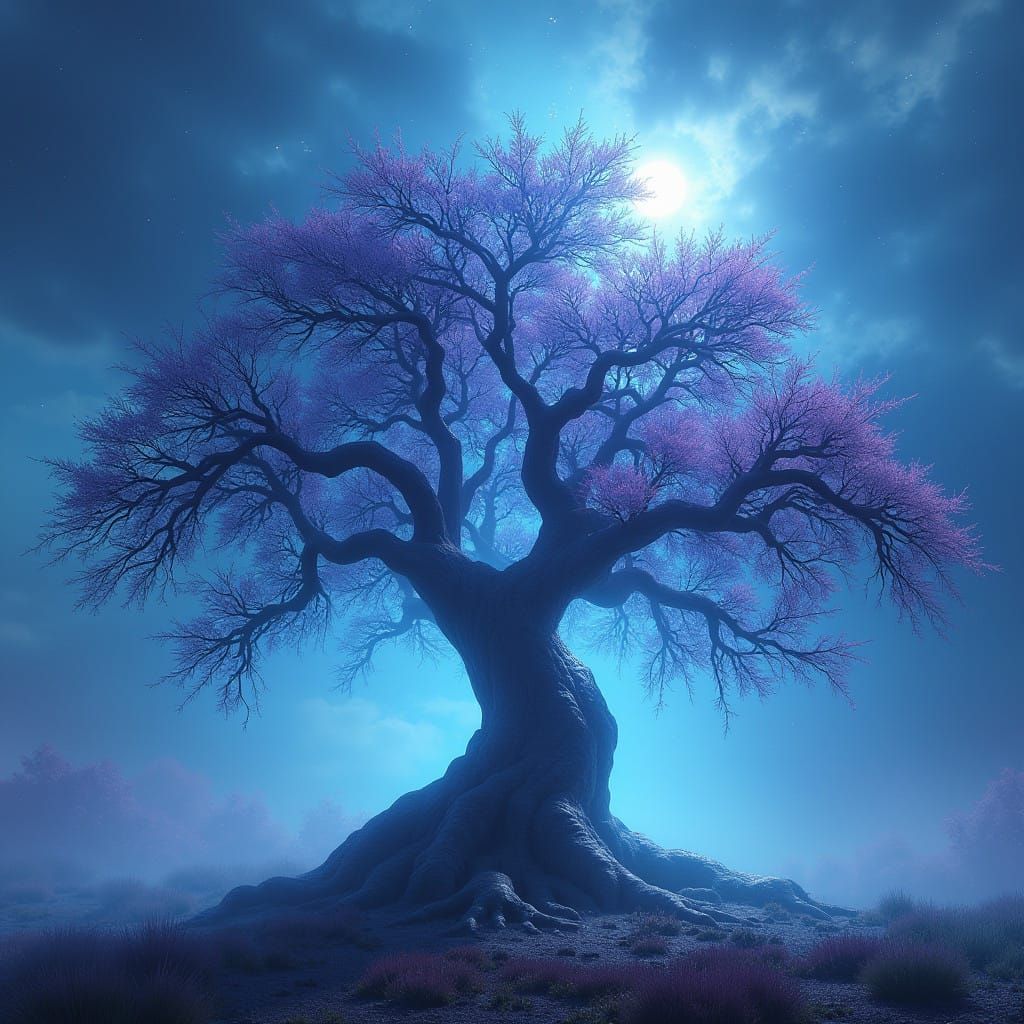 Ancient Tree Radiates Ethereal Light Amidst Vibrant Cosmic L...