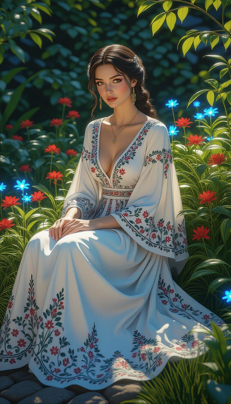 Gerda in Bioluminescent Garden, Photorealistic 3D Portrait