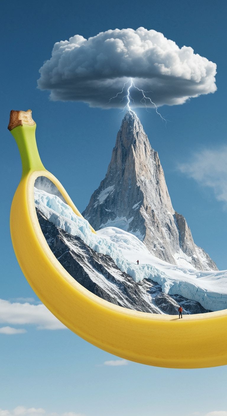 
A hyperrealistic image of a banana, cut horizontally in half down the middle. Instead of flesh inside,  there is a mountain inside, people ...