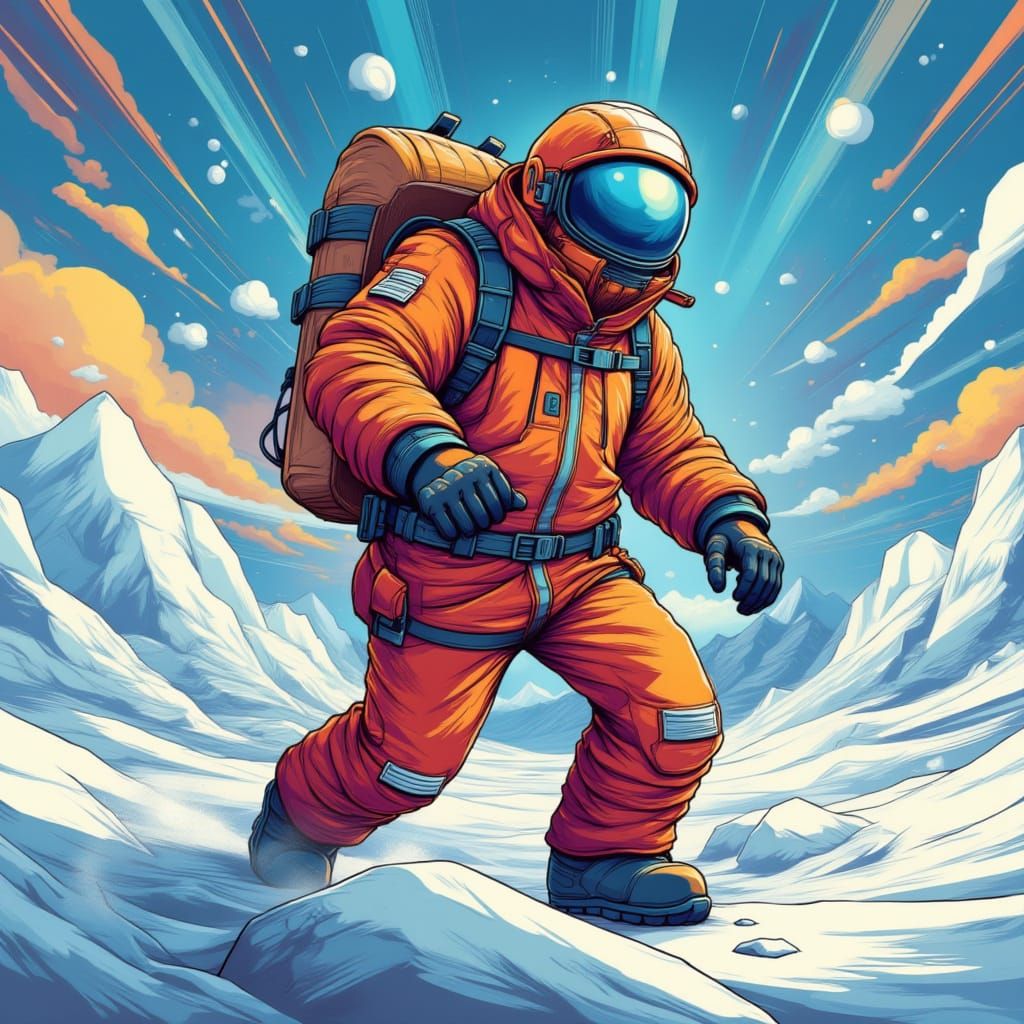 An explorer in the arctic, in a snowsuit, dynamic, colorful background <lora:Dynamic:1.0>
