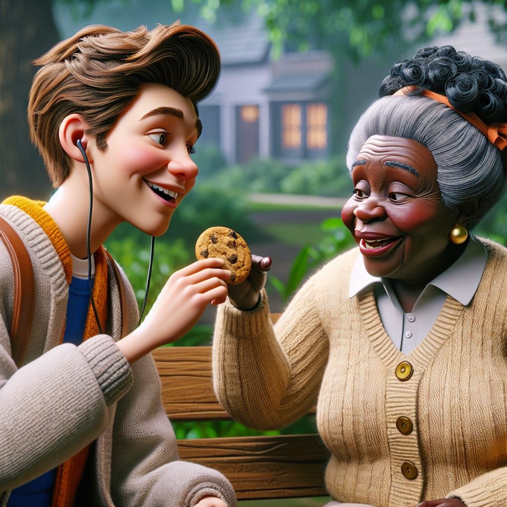 Male nerdy Teenager with ear buds sharing a cookie with gran...