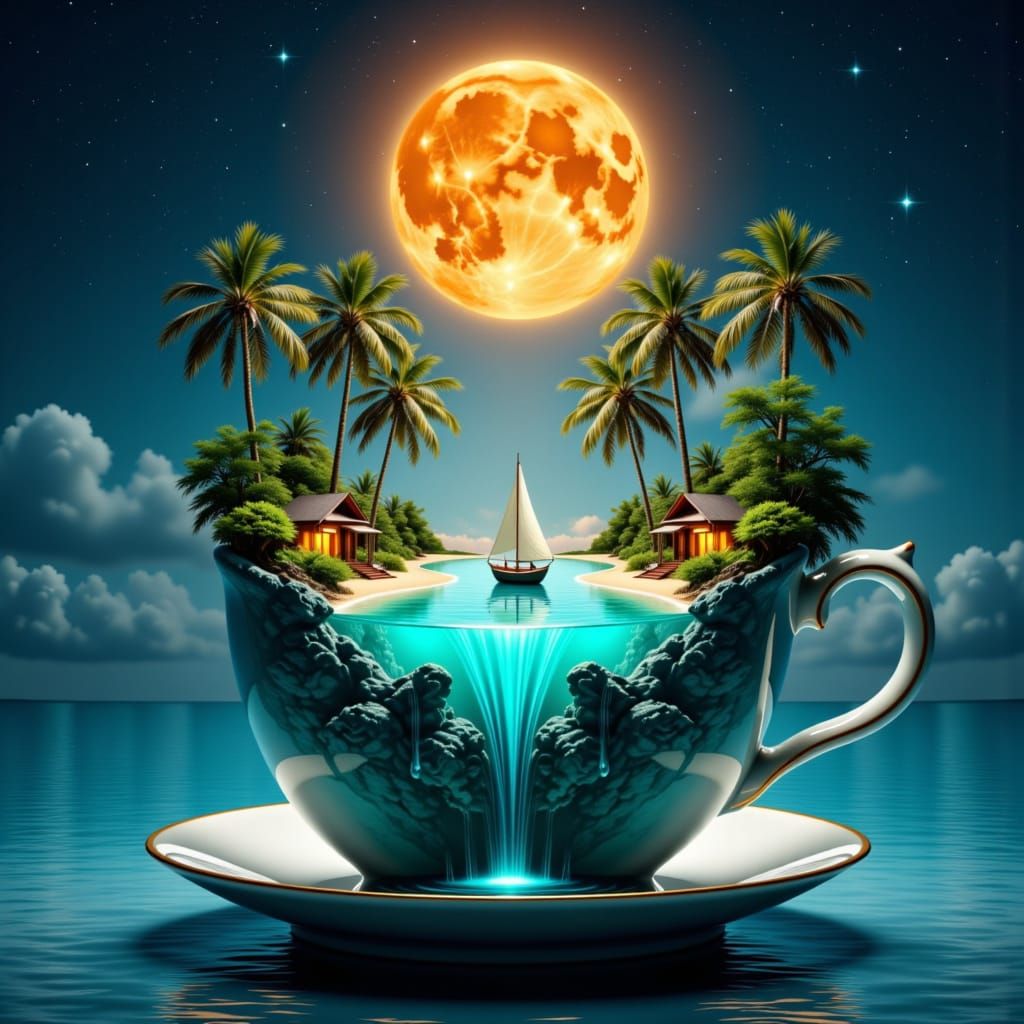 <lora:LS Double Exposure:1.0> Double exposure art: Realistic photo artwork featuring a large, teacup set in a tropical, dreamlike landscape....