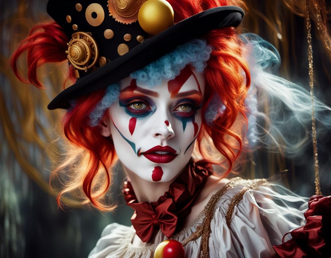 a woman dressed as a clown with red hair, in the style of magical girl, colorful moebius, light yellow and dark crimson, pencilsteampunk, k...