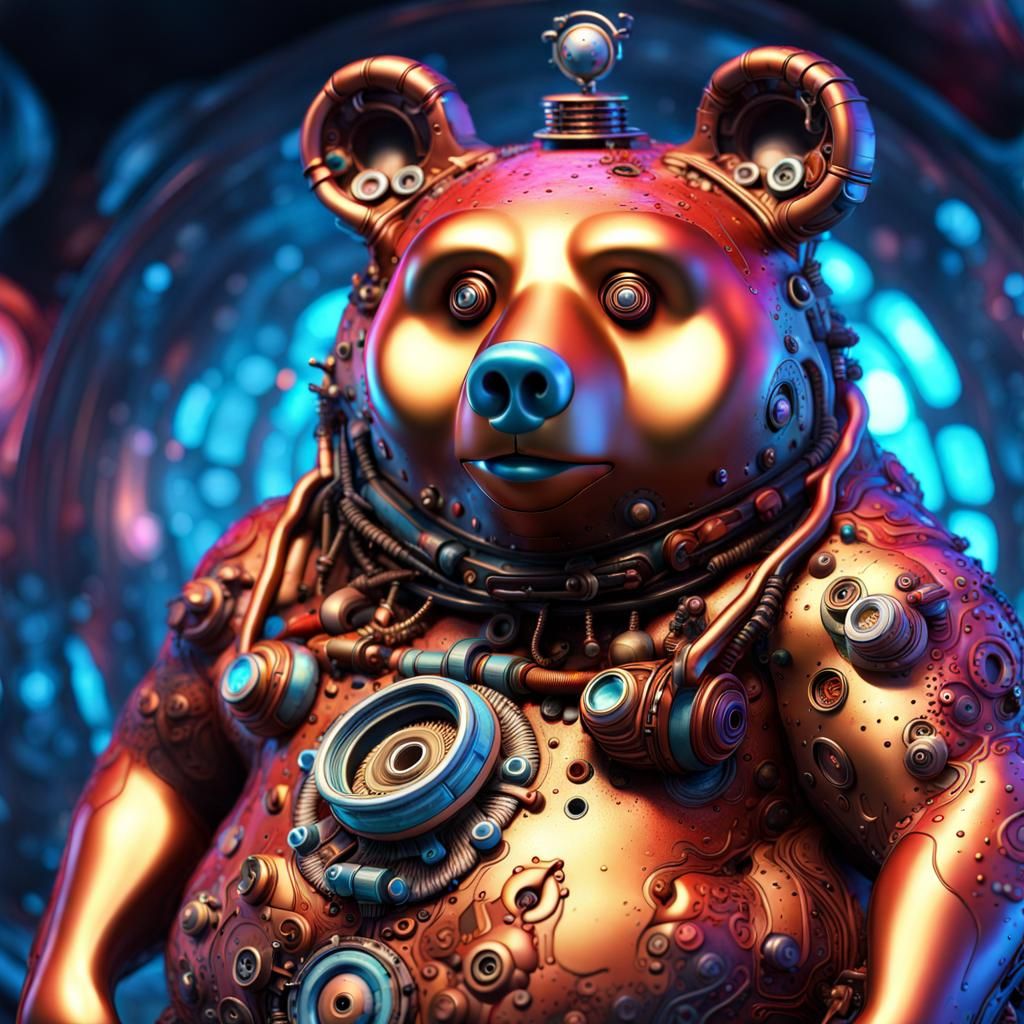 Creepy psychedelic cyborg steampunk Obese Bear, cosmic surrealism ...