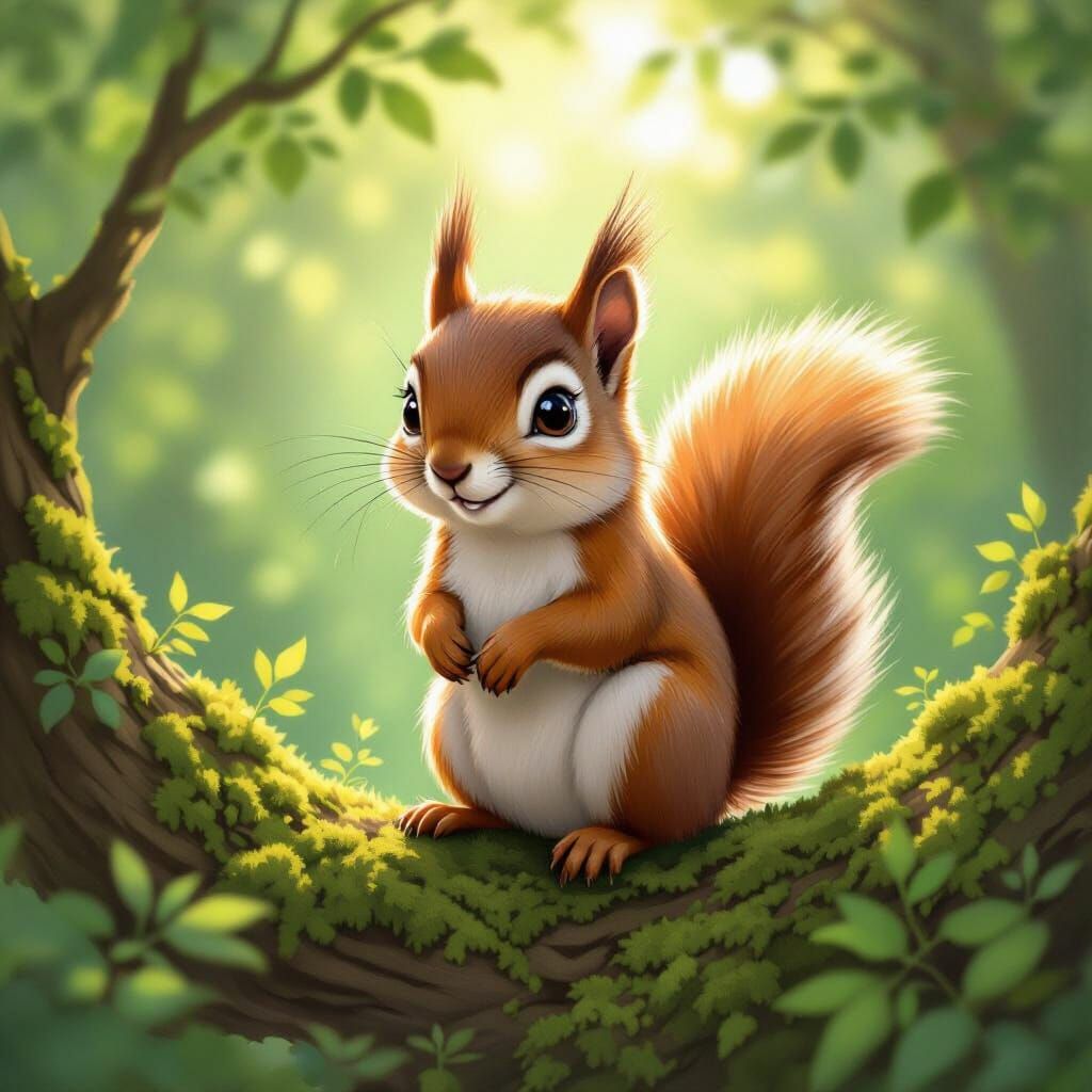 Cute Squirrel on Mossy Branch in Sunlit Forest