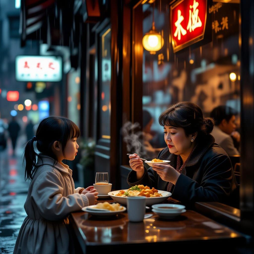 Girl's Longing: Watching Lavish Dinner in Dimly Lit Restaura...
