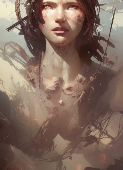 Post apocalyptic wonderland with a woman face head and shoul...