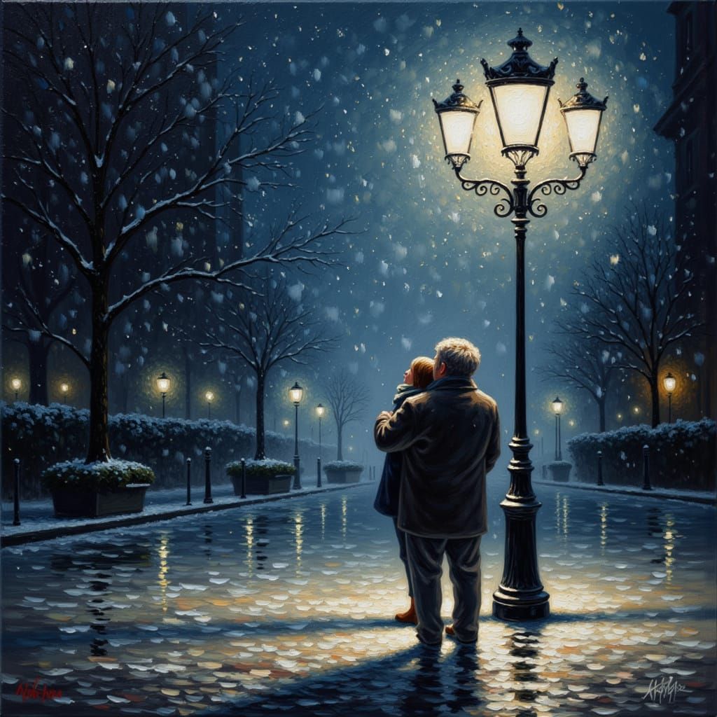 Masterpiece 🏆, Tender oil painting with exquisite impasto, depicting two figures gazing up at falling snow. Soft, diffused glow of a large p...