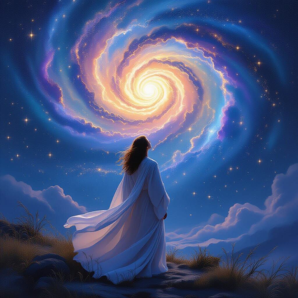 Poet Gazes at Galaxy in Romantic Surrealist Style