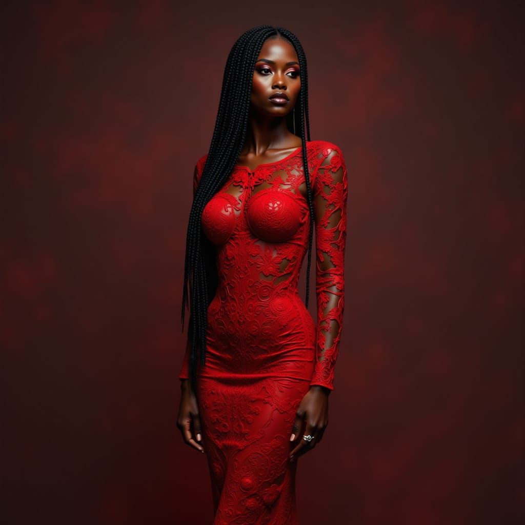 A gorgeous African American woman. With her hair in beautiful braids. <lora:Dresses Galore:1.0> <color>red lace classy Bodycon dress (tight ...