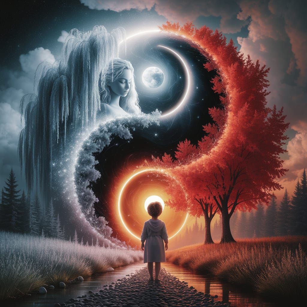 A circular yin-yang inspired artwork, split between a glowing celestial night on one side and a radiant sunrise on the other. The night side...
