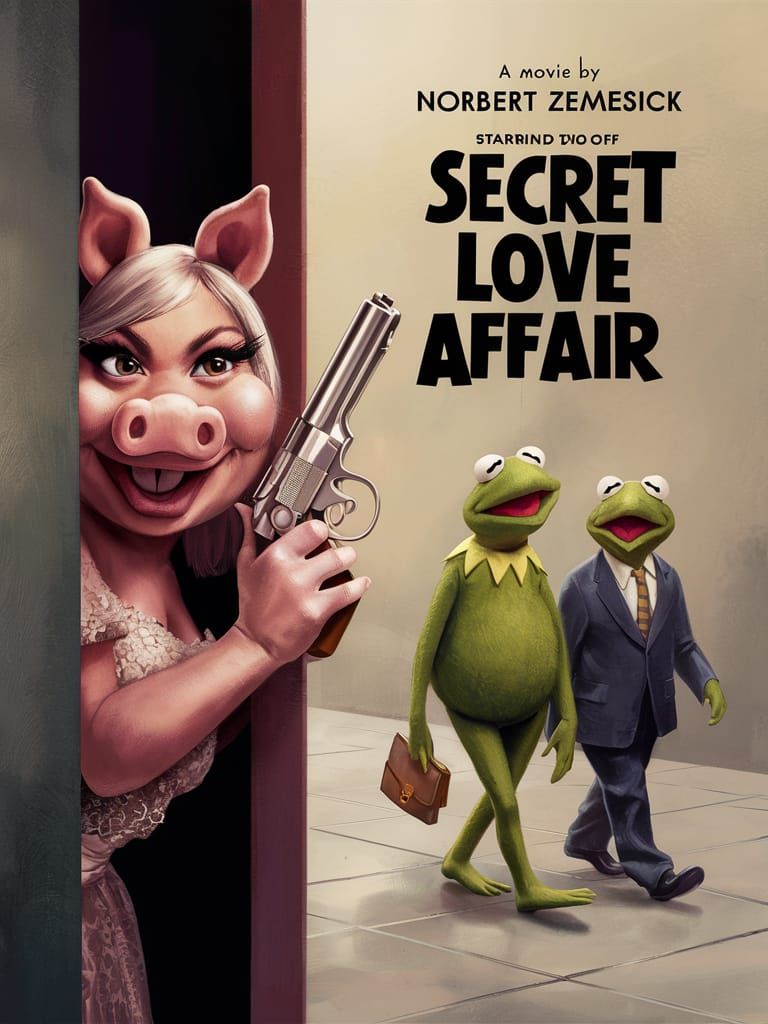 This whimsical movie poster shows Miss Piggy hiding behind a...