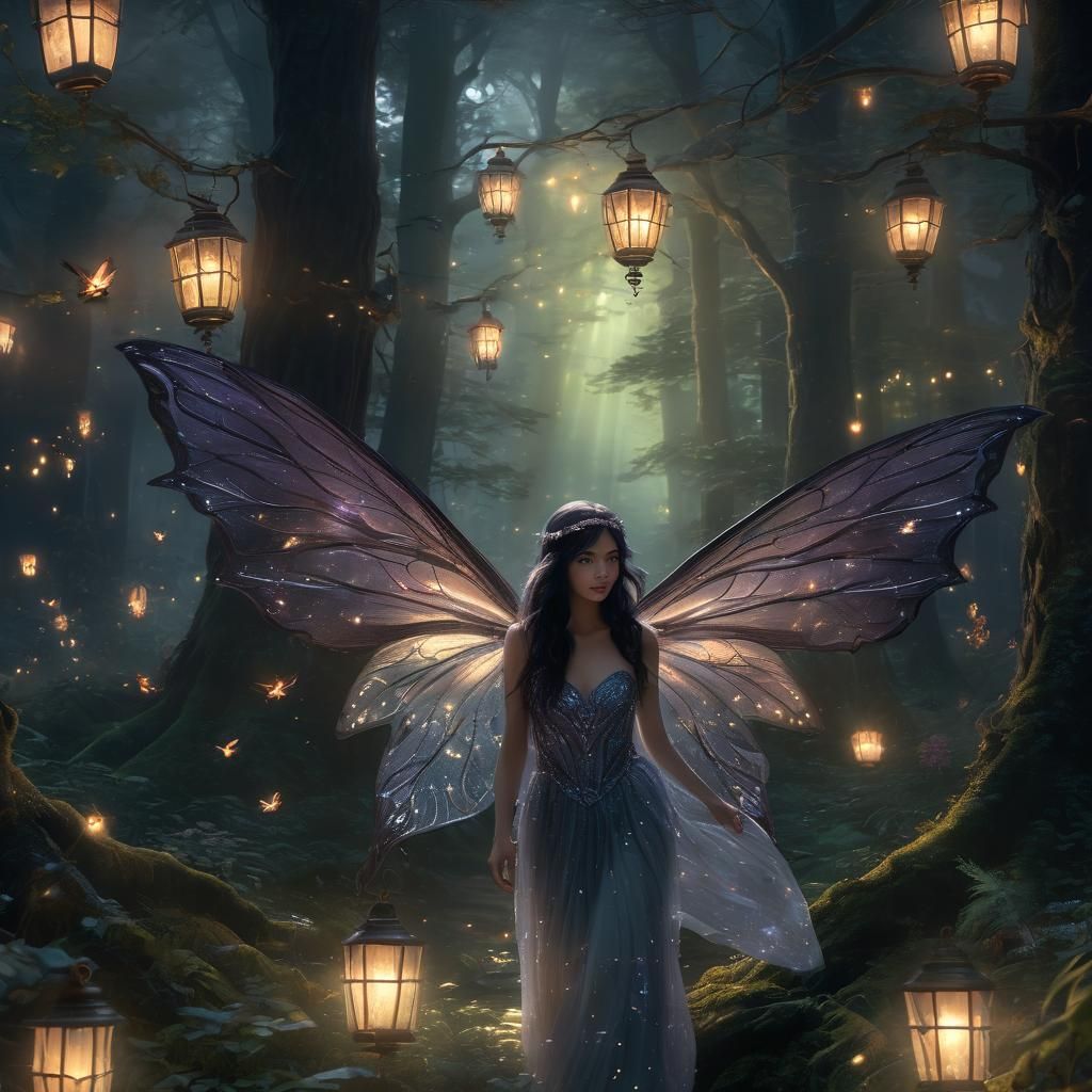 Dark Fairy in Mystical Forest, Luminous Kinkade Style