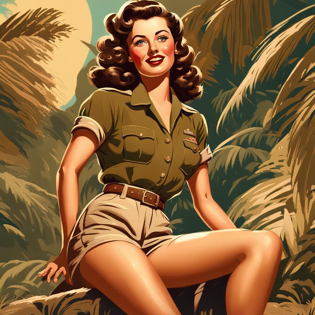 1940s Pinup Illustration Curvy English woman with bushy brow...
