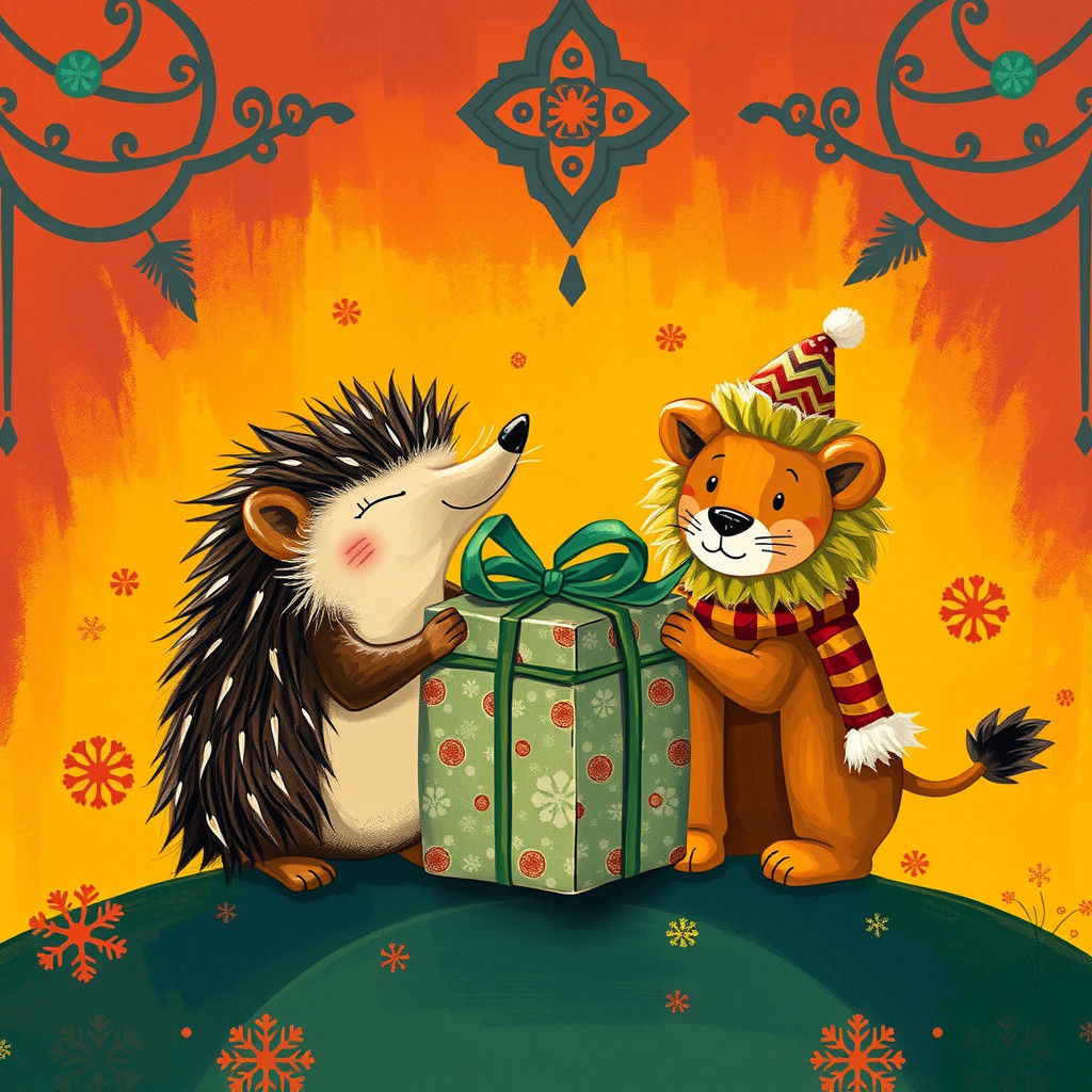 Festive Gift Exchange with Lion and Hedgehog