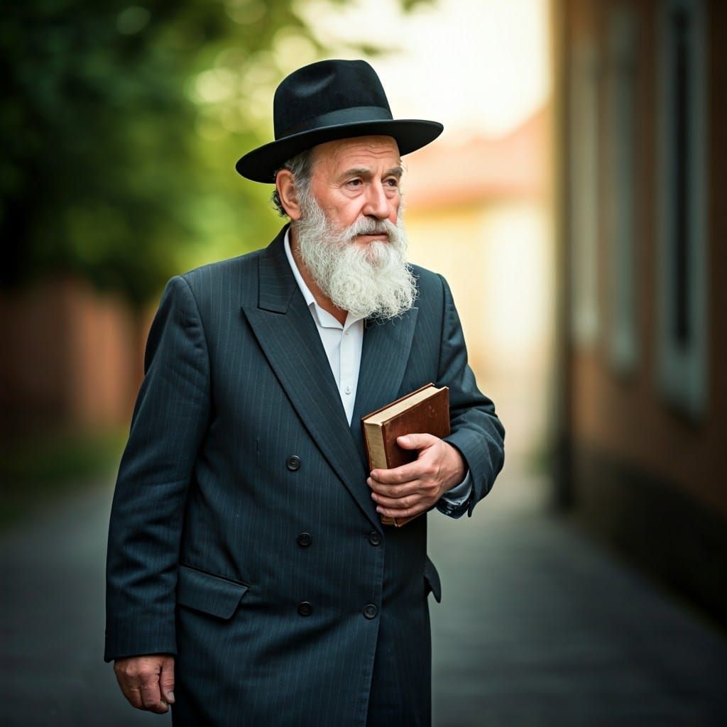 Elderly Jewish Man Walking with a Leather-Bound Book in a Qu...