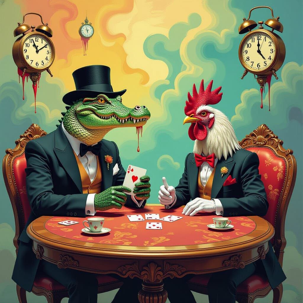 Surreal Crocodile and Chicken Play Cards Amidst Melting Cloc...