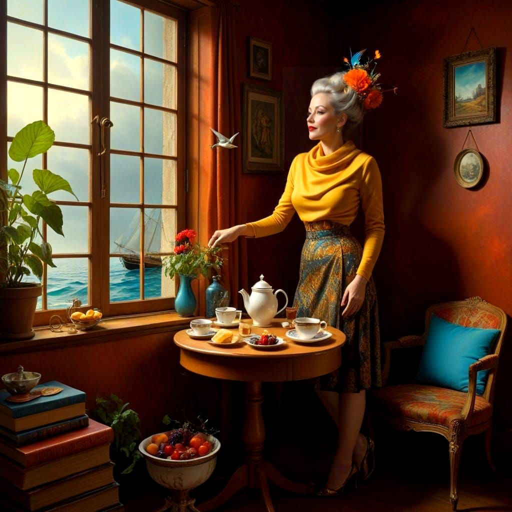 Surrealistic Portrait of a Happy Lady in Whimsical Surroundi...