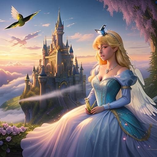 (Fairytale Princess, resembles Cinderella:1) with (bird:2) a...