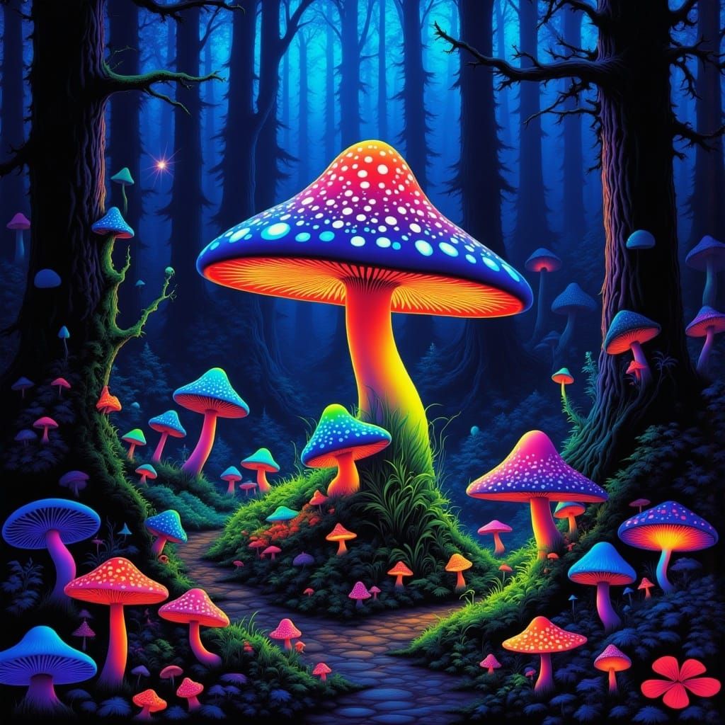 A fairy mushroom house in an enchanted bioluminescent forest. <lora:Vintage Blacklight:1.0> 