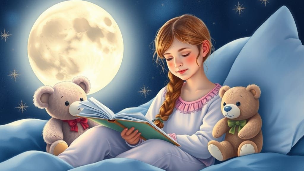 Girl Reads to Teddy Bears in Moonlit Watercolor