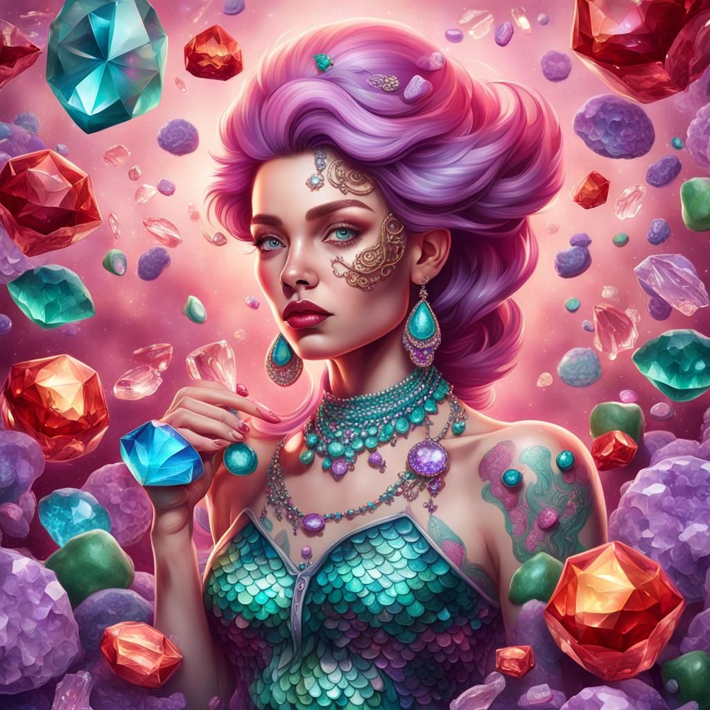A woman with a large crystal 3D tattoos on her body with sca...