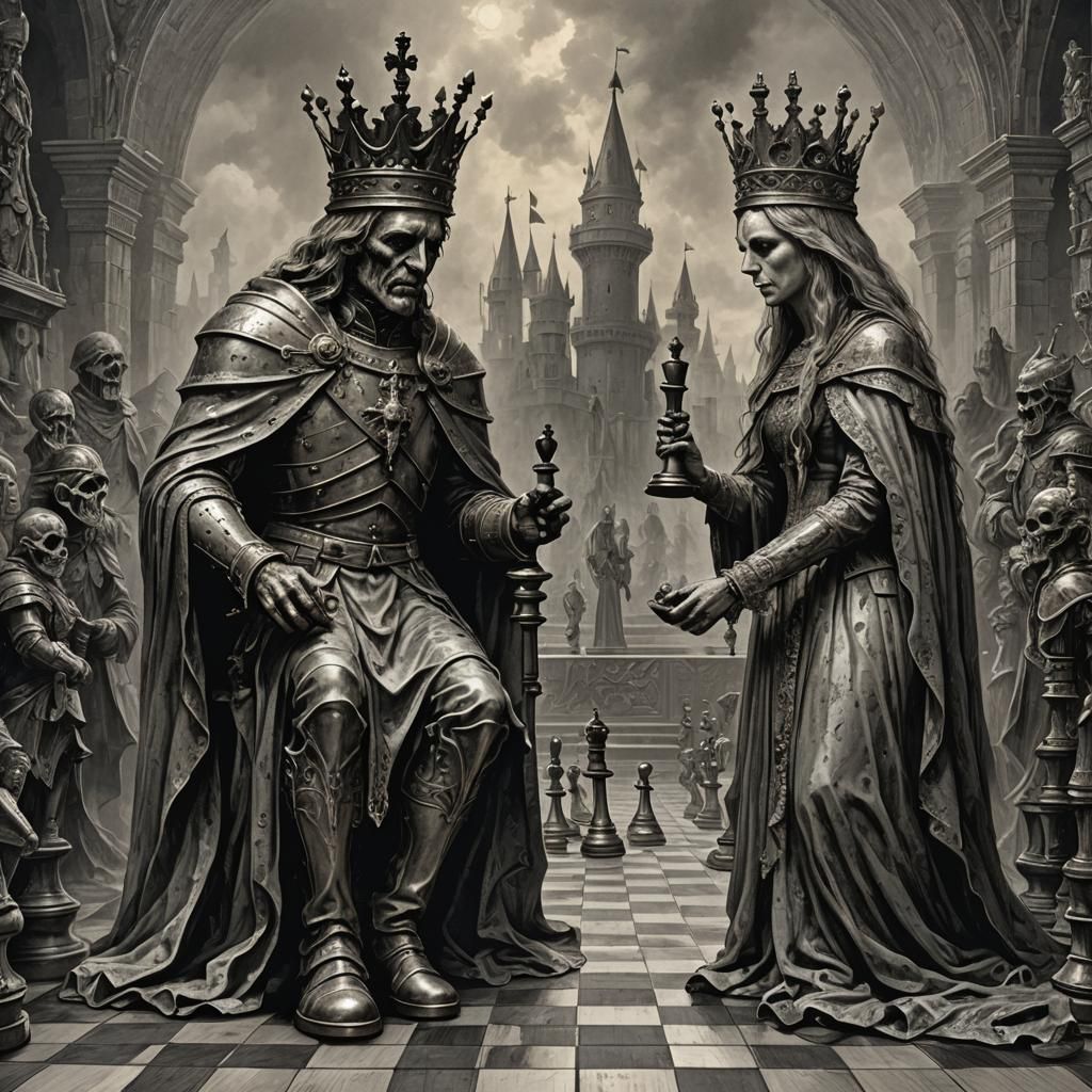 the king and queen chess pieces come to life on a chess board  by @ericB