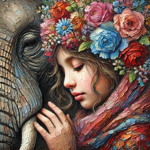 a young girl gently resting her hand on an elephant's trunk