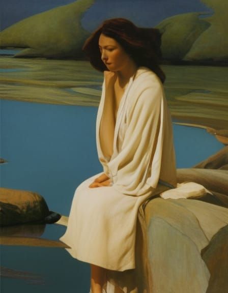 woman, robed in blue waters, river, Jean Giraud, N.C. Wyeth,...
