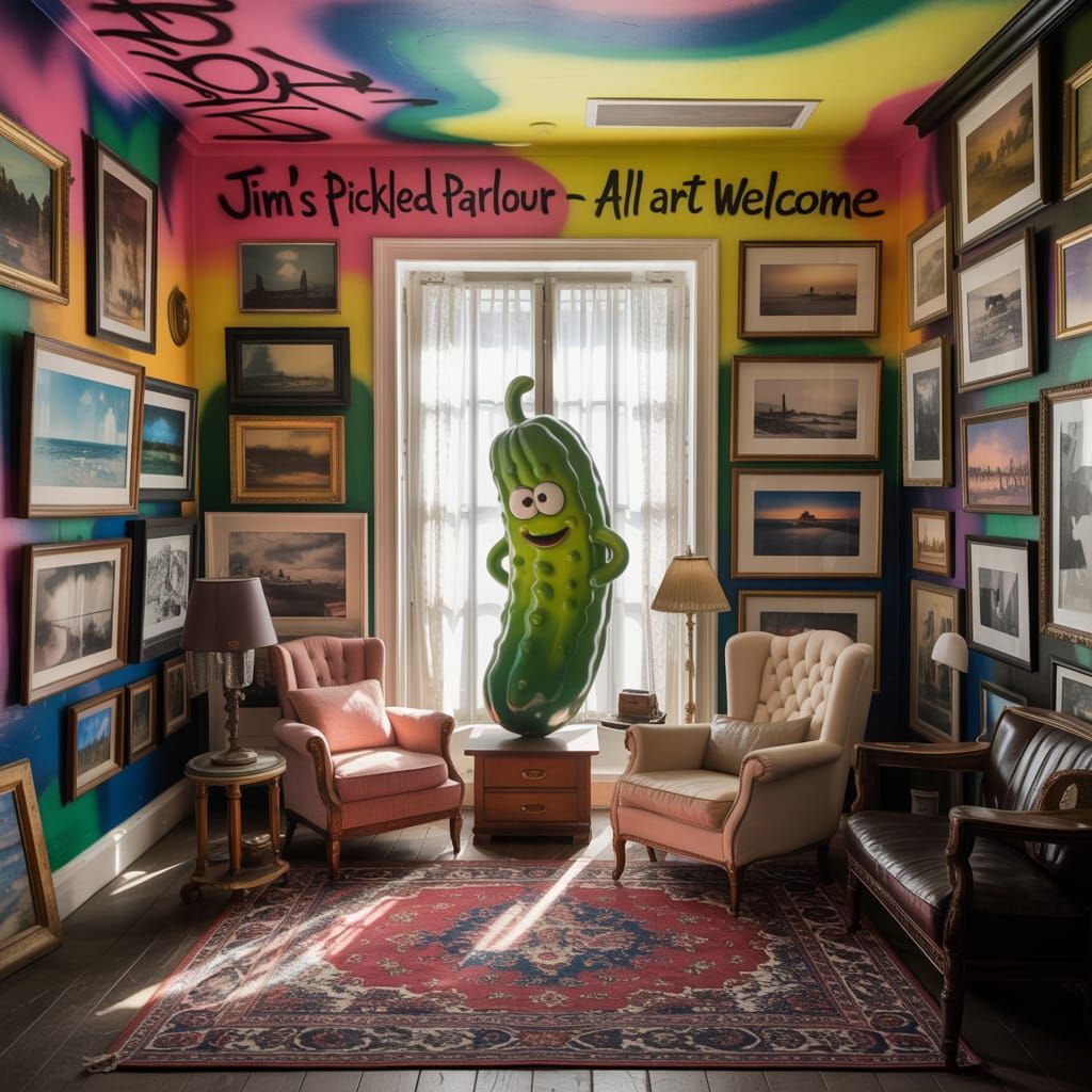 In a vintage parlour with miss matched furniture room bathed in warm, golden light, graffiti art in Banksy’s distinctive...