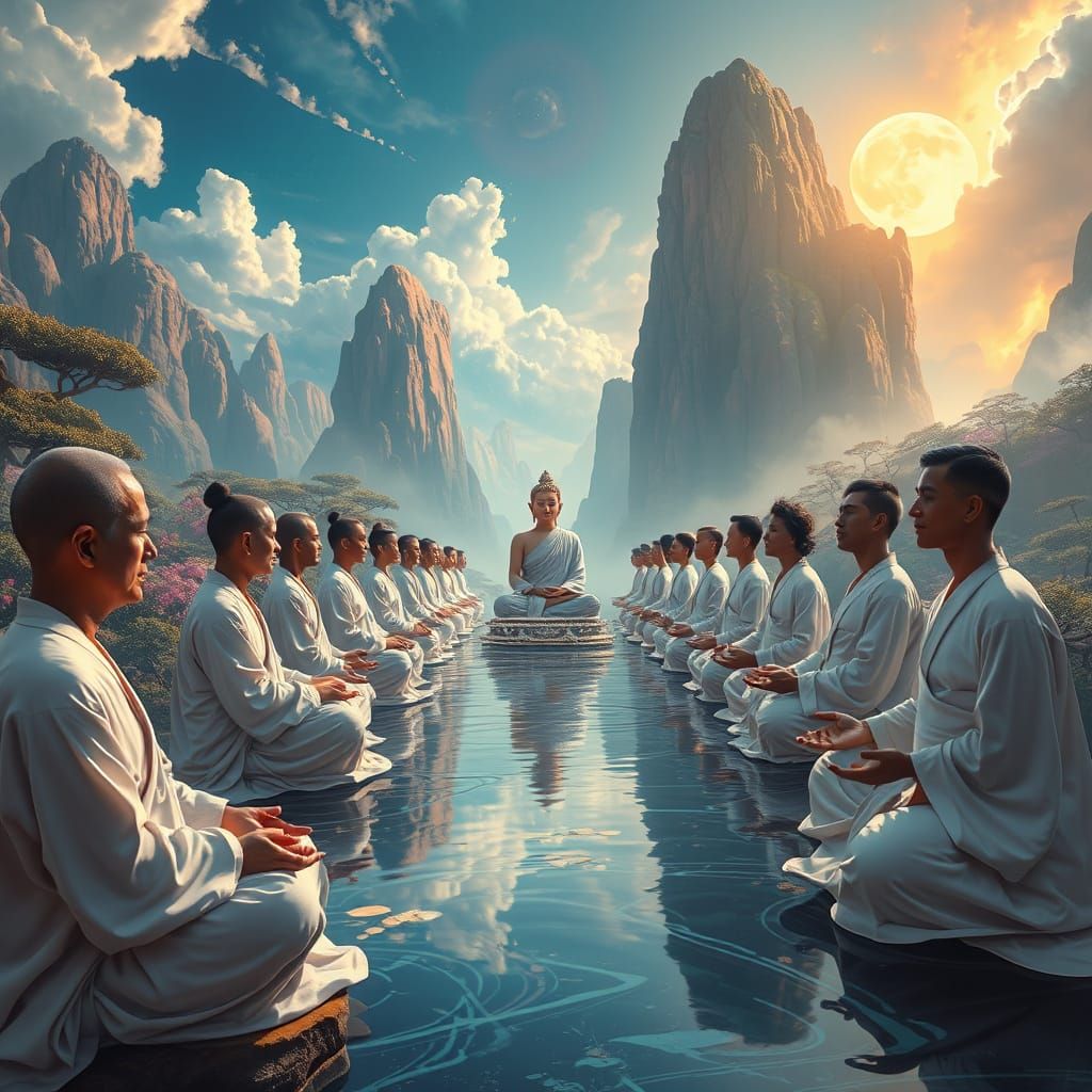 Meditating Practitioners Enter Samadhi in Detailed Matte Pai...